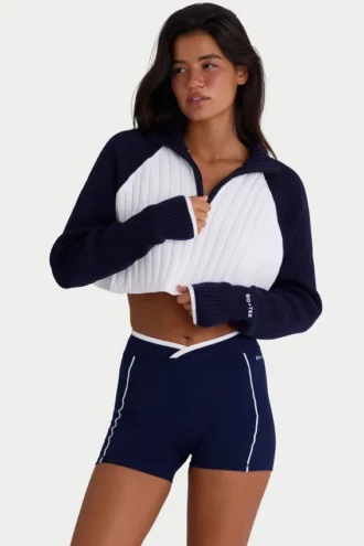 Ribbed Knit Quarter-Zip Cropped Jumper in Classic Navy