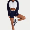 Ribbed Knit Quarter-Zip Cropped Jumper in Classic Navy