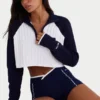 Ribbed Knit Quarter-Zip Cropped Jumper in Classic Navy