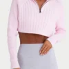 Ribbed Knit Quarter-Zip Cropped Jumper in Powder Pink