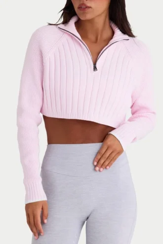 Ribbed Knit Quarter-Zip Cropped Jumper in Powder Pink