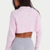 Ribbed Knit Quarter-Zip Cropped Jumper in Powder Pink