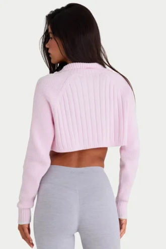 Ribbed Knit Quarter-Zip Cropped Jumper in Powder Pink