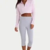 Ribbed Knit Quarter-Zip Cropped Jumper in Powder Pink
