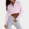 Ribbed Knit Quarter-Zip Cropped Jumper in Powder Pink
