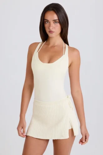 Ribbed Knit Tie Wrapover Skort in Cream