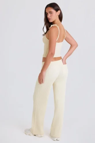 Ribbed Knit Wide-Leg Joggers in Cream