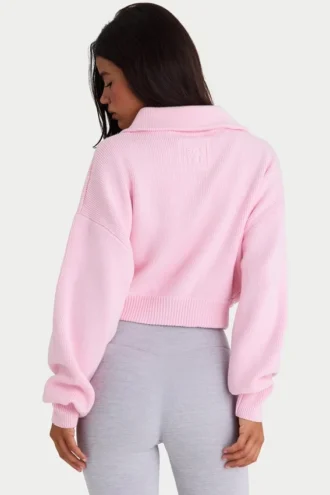 Ribbed Knit Zip-Up Cropped Sweatshirt in Pale Pink