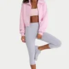 Ribbed Knit Zip-Up Cropped Sweatshirt in Pale Pink