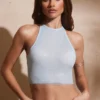 River Embellished Racer Neck Open Back Crop Top in Aqua