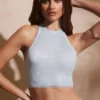 River Embellished Racer Neck Open Back Crop Top in Aqua