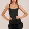 Rixelle Satin Square-Neck Corset Faux-Fur Mini Dress in Black