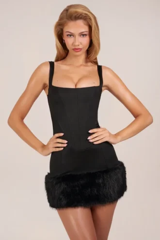 Rixelle Satin Square-Neck Corset Faux-Fur Mini Dress in Black