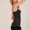 Rixelle Satin Square-Neck Corset Faux-Fur Mini Dress in Black