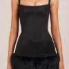 Rixelle Satin Square-Neck Corset Faux-Fur Mini Dress in Black