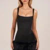 Rixelle Satin Square-Neck Corset Faux-Fur Mini Dress in Black