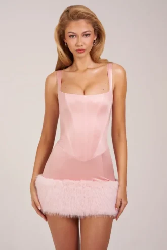Rixelle Satin Square-Neck Corset Faux-Fur Mini Dress in Blush Pink