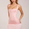 Rixelle Satin Square-Neck Corset Faux-Fur Mini Dress in Blush Pink