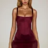 Rixelle Satin Square-Neck Corset Faux-Fur Mini Dress in Wine Red