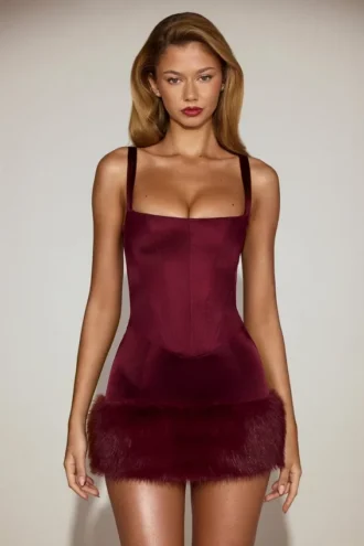 Rixelle Satin Square-Neck Corset Faux-Fur Mini Dress in Wine Red
