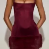 Rixelle Satin Square-Neck Corset Faux-Fur Mini Dress in Wine Red