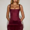 Rixelle Satin Square-Neck Corset Faux-Fur Mini Dress in Wine Red