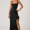 Robina Embellished Ruffle-Trim Corset Gown in Black