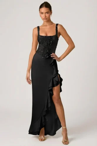 Robina Embellished Ruffle-Trim Corset Gown in Black