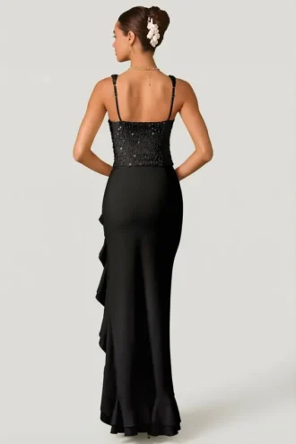 Robina Embellished Ruffle-Trim Corset Gown in Black