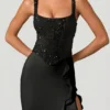 Robina Embellished Ruffle-Trim Corset Gown in Black