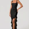 Robina Embellished Ruffle-Trim Corset Gown in Black