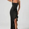 Robina Embellished Ruffle-Trim Corset Gown in Black