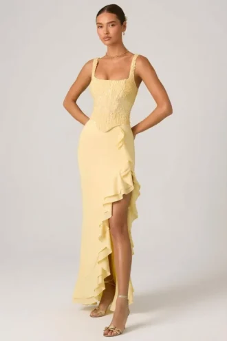 Robina Embellished Ruffle-Trim Corset Gown in Yellow