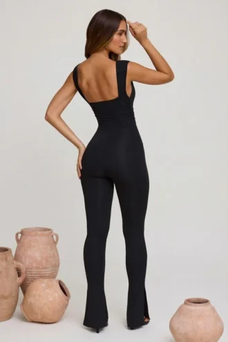 Romana Plunge Neck Ruched Waist Jumpsuit in Black