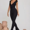 Romana Plunge Neck Ruched Waist Jumpsuit in Black