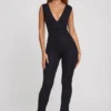 Romana Plunge Neck Ruched Waist Jumpsuit in Black