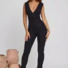 Romana Plunge Neck Ruched Waist Jumpsuit in Black