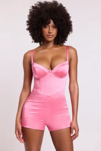 Romera Satin Corset Mini Playsuit in Pink