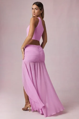 Romy Asymmetric Ruched Maxi Skirt in Pink Orchid