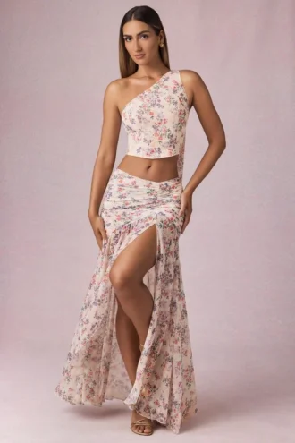 Romy Asymmetric Ruched Maxi Skirt in Primrose Floral Print