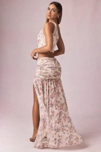 Romy Asymmetric Ruched Maxi Skirt in Primrose Floral Print