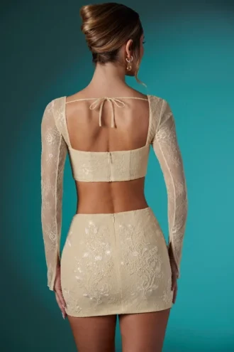 Romy Embellished Lace Bodycon Mini Skirt in Ivory