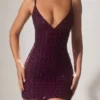 Ronja Embellished Plunge Semi-Sheer Mini Dress in Deep Purple