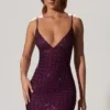 Ronja Embellished Plunge Semi-Sheer Mini Dress in Deep Purple