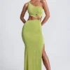 Rosalia Hardware Detail One-Shoulder Maxi Dress in Olive Green