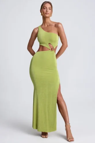 Rosalia Hardware Detail One-Shoulder Maxi Dress in Olive Green