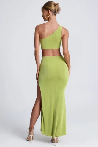 Rosalia Hardware Detail One-Shoulder Maxi Dress in Olive Green