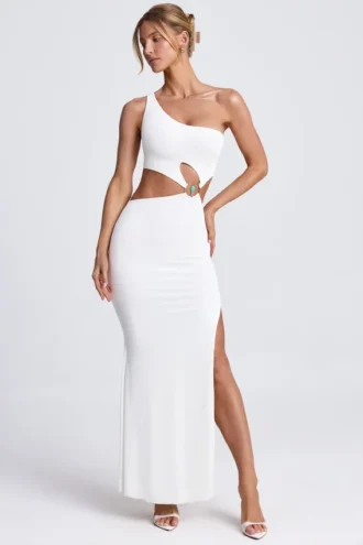 Rosalia Hardware Detail One-Shoulder Maxi Dress in White