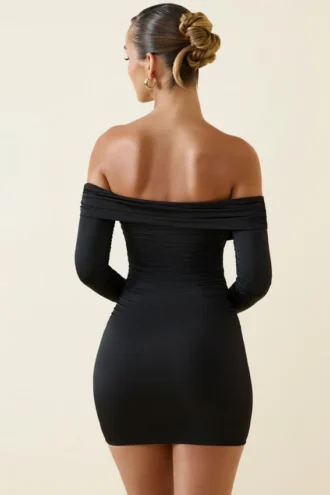 Rosanna Off-Shoulder Ruched Bodycon Mini Dress in Black