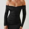 Rosanna Off-Shoulder Ruched Bodycon Mini Dress in Black